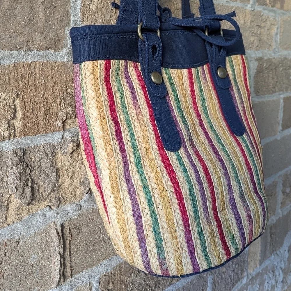 Vintage Y2K Lucky Brand Colorful Braided Straw Bucket Bag Tote Navy Blue